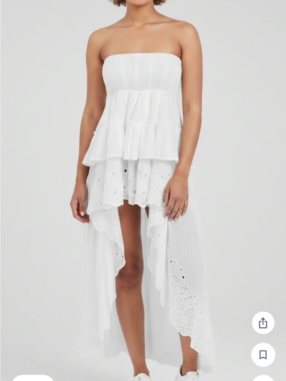 Solitaire White Strapless Hi‑Low Eyelet Dress